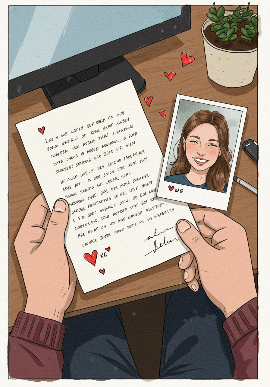 illustration of someone holding a love letter and a photo selfie sent by mail